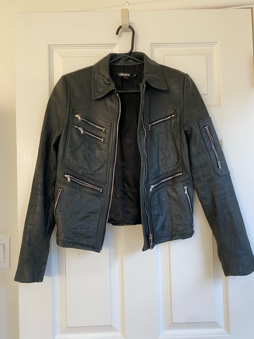 DKNY Black Leather Zip Pocket Jacket